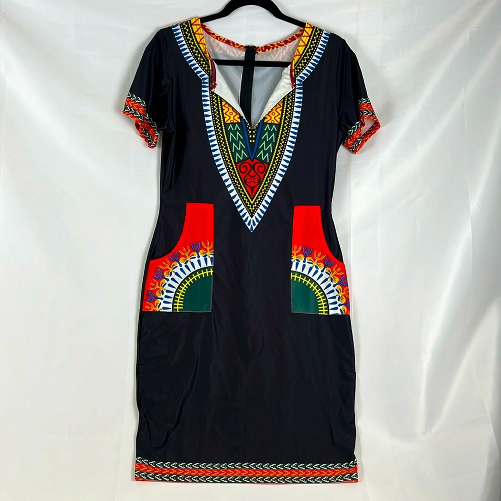 Sweet Silk V-Neck Dress Black & Red Dress Women's Size Large